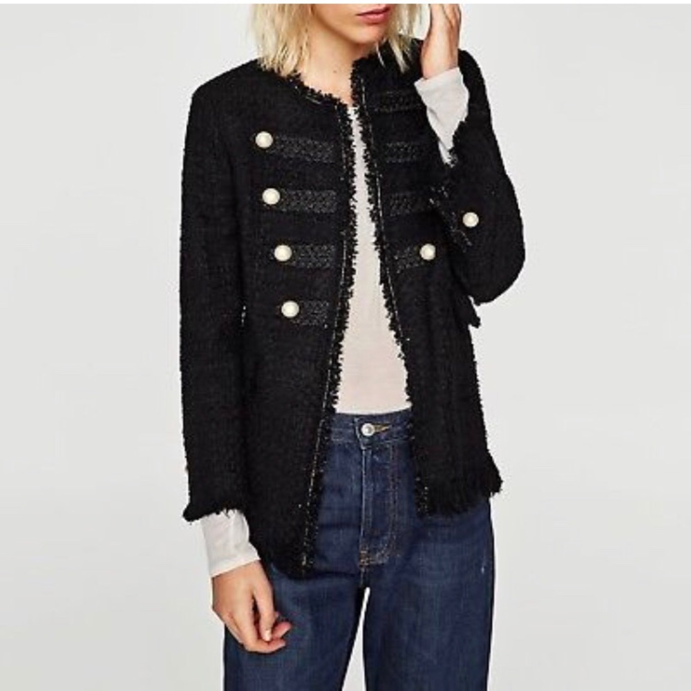New ZARA Tweed Jacket Blazer Faux Pearl Buttons